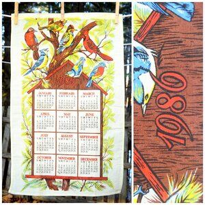 VTG 1986 Calendar Towel Summer Garden Songbirds on Birdhouse Cardinal Bluejay